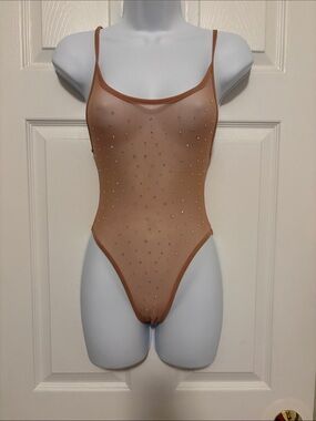 Fashion Nova Nude Rhinestone Sheer Bodysuit
